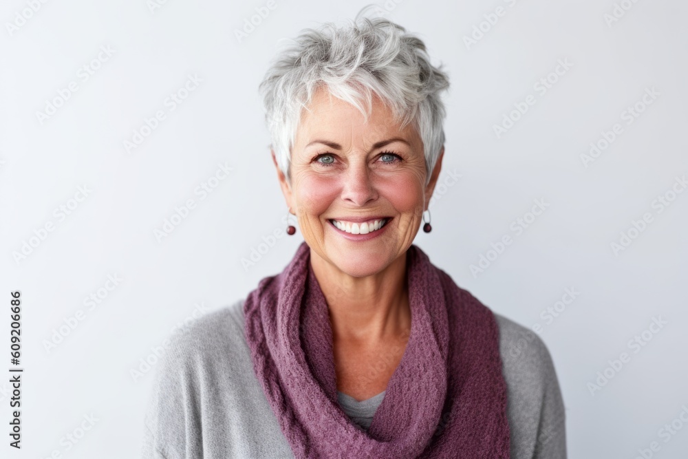 Portrait of a smiling senior woman with a scarf on white background Portrait of a smiling senior woman with a scarf on white background