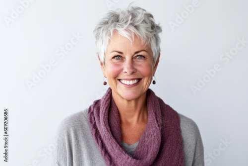 Portrait of a smiling senior woman with a scarf on white background © Robert MEYNER