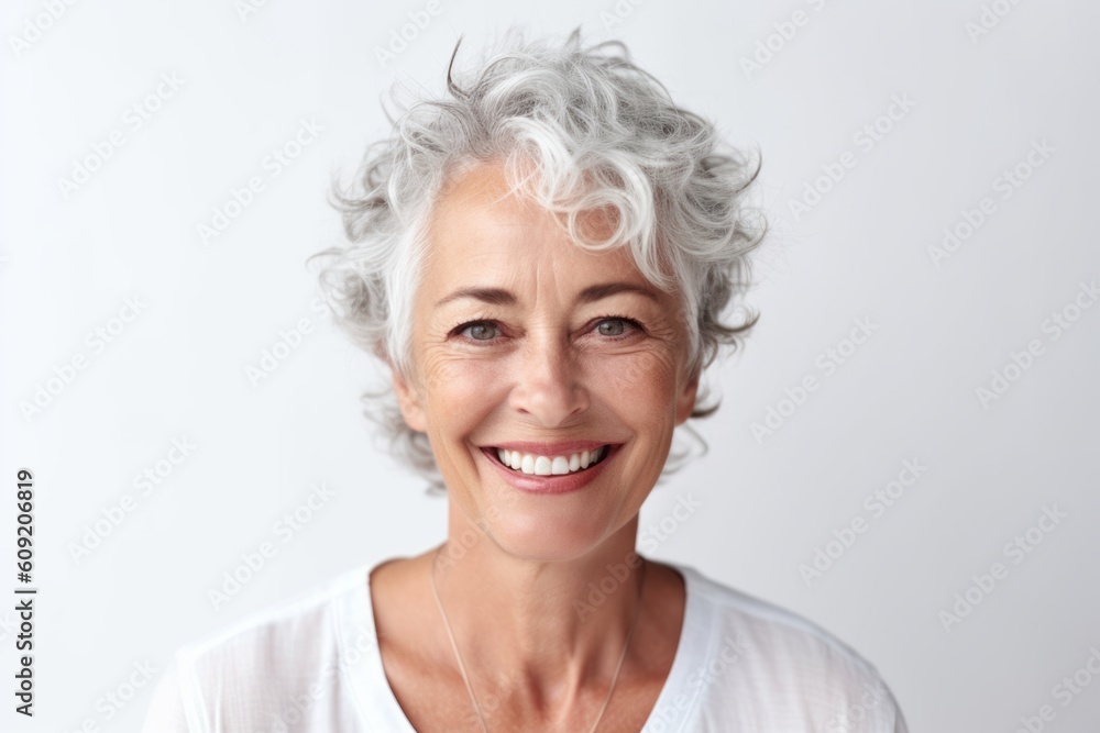 Portrait of a smiling senior woman with grey hair and freckles Portrait of a smiling senior woman with grey hair and freckles