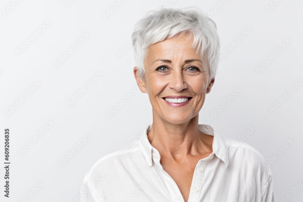 Portrait of a happy senior woman smiling at the camera over white background Portrait of a happy senior woman smiling at the camera over white background