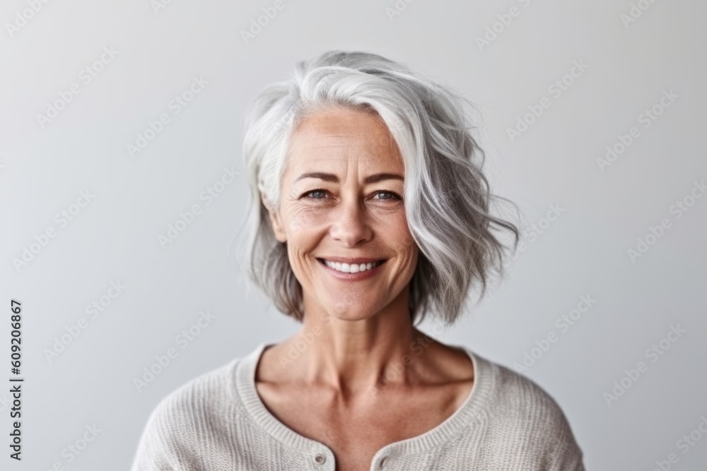 Portrait of a happy senior woman looking at camera over white background