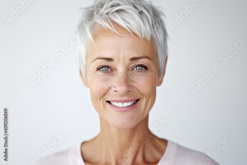 Portrait Of Mature Woman Smiling At Camera Against White Background