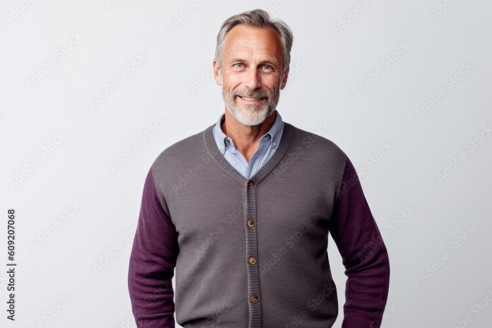 Smiling mature man with grey hair and beard standing against white background Smiling mature man with grey hair and beard standing against white background