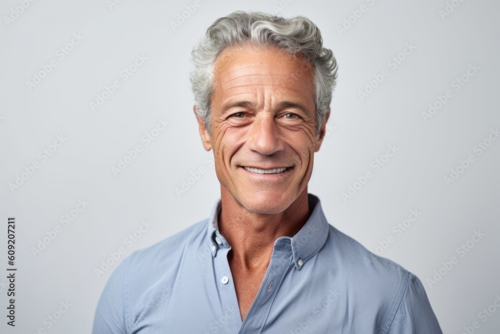 Portrait of a happy senior man smiling at camera over gray background Portrait of a happy senior man smiling at camera over gray background