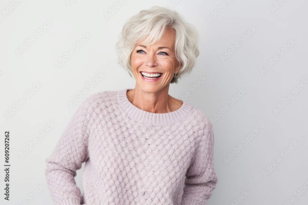 Portrait of a happy senior woman smiling at camera over white background Portrait of a happy senior woman smiling at camera over white background