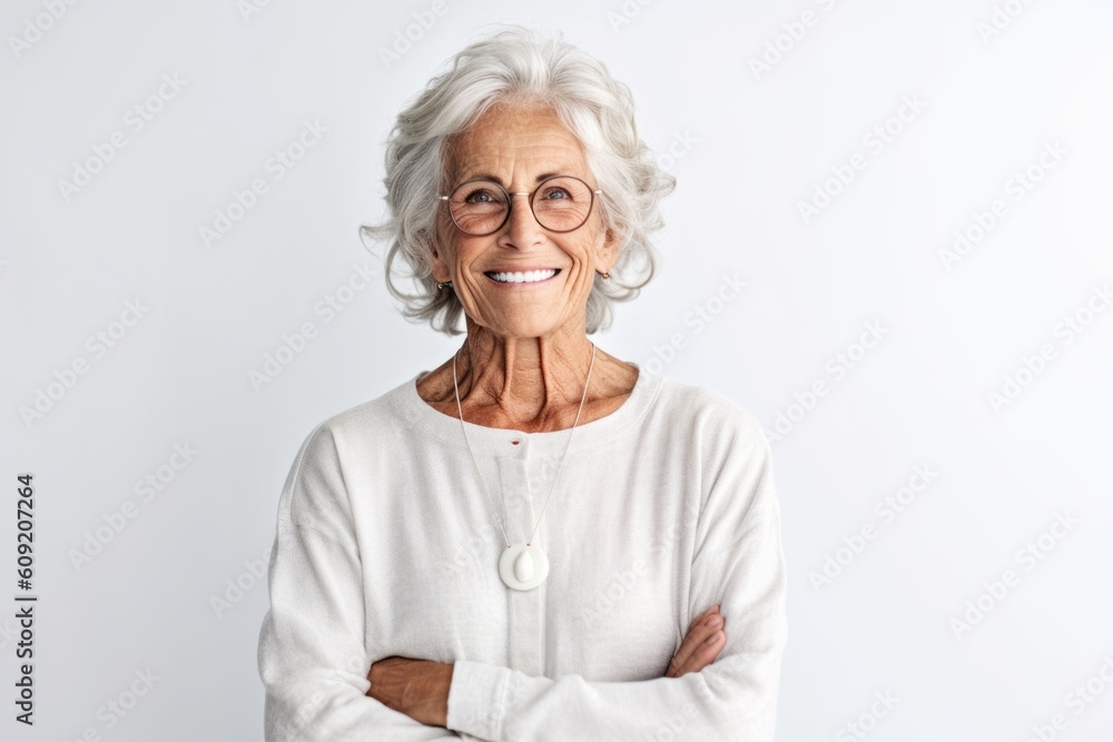 Happy senior woman in eyeglasses looking at camera with folded arms Happy senior woman in eyeglasses looking at camera with folded arms