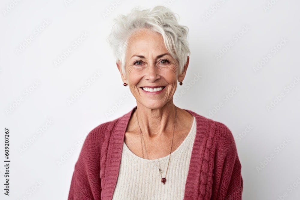 Portrait of a smiling senior woman looking at camera over white background Portrait of a smiling senior woman looking at camera over white background