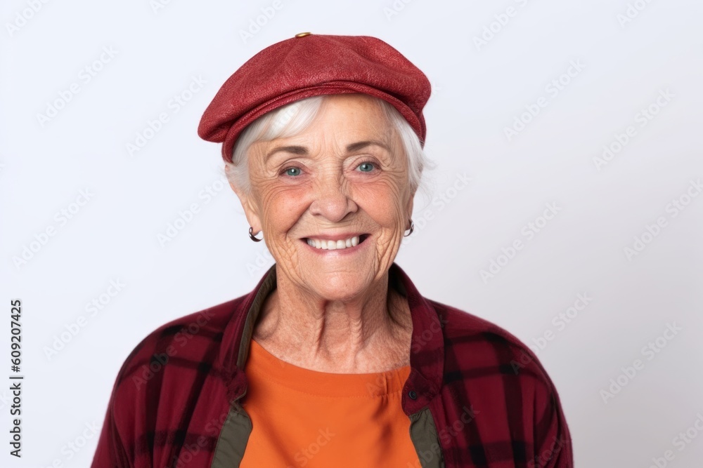 Portrait of smiling senior woman with cap. Isolated on white background Portrait of smiling senior woman with cap. Isolated on white background