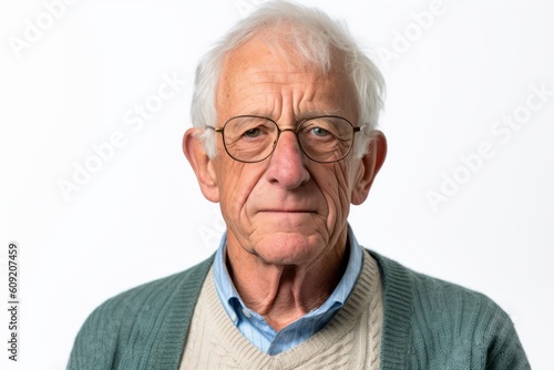 Portrait of a senior man with glasses on a white background.