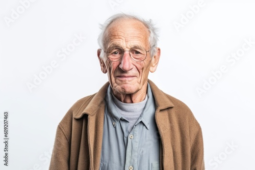 Portrait of an old man with glasses on a white background.
