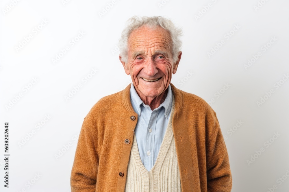 Portrait of happy senior man smiling and looking at camera against white background Portrait of happy senior man smiling and looking at camera against white background