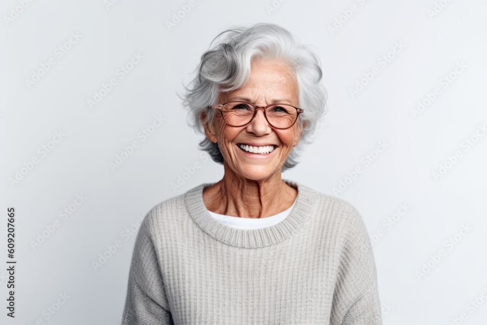 Portrait of a smiling senior woman wearing eyeglasses on white background Portrait of a smiling senior woman wearing eyeglasses on white background