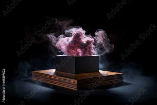 podium or pedestal product display with smoke effect with black background lighting. Generative ai