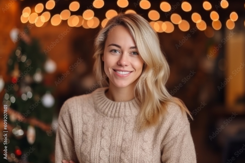 Portrait of a beautiful woman with blond hair in a sweater on a background of a Christmas tree.