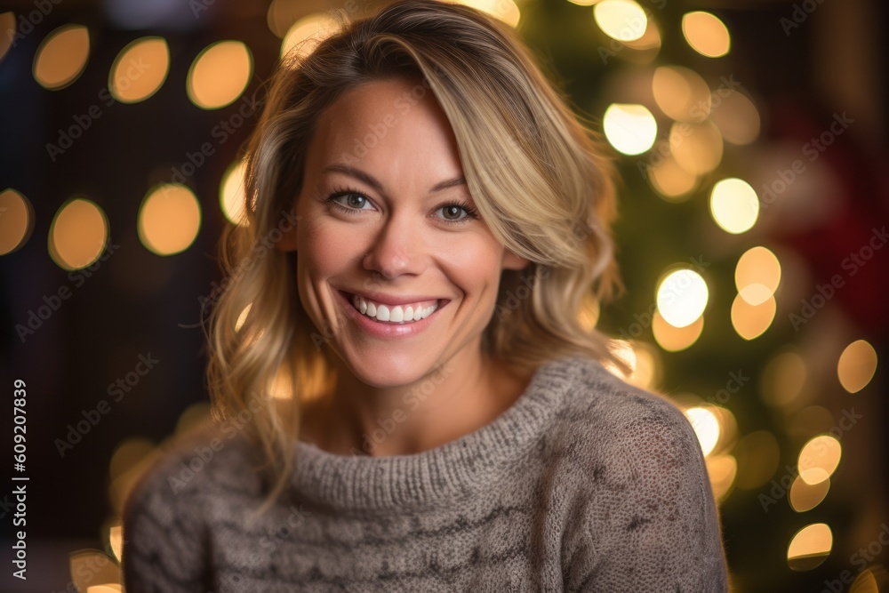 Portrait of a beautiful young woman with christmas tree in the background Portrait of a beautiful young woman with christmas tree in the background