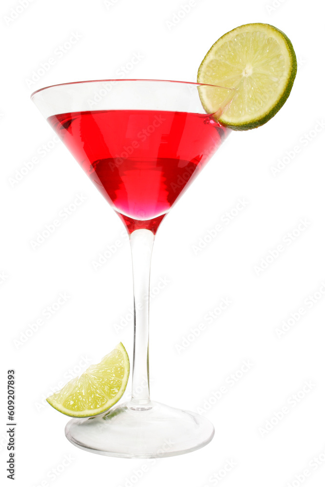 Isolated red cocktail with lime slice garnish and lime wedge