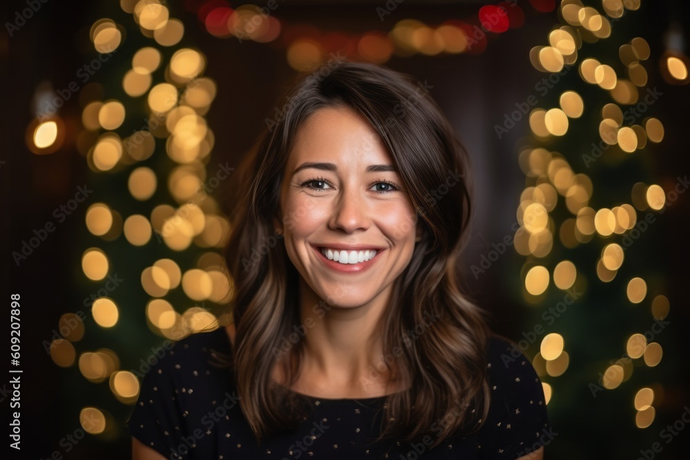 Portrait of a beautiful young woman smiling at the camera in front of christmas lights Portrait of a beautiful young woman smiling at the camera in front of christmas lights
