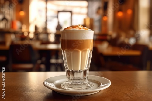 a glass glass of latte macchiato coffee on a table in a cafe. AI generated