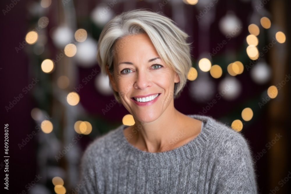 Portrait of a beautiful middle-aged woman in front of a Christmas tree Portrait of a beautiful middle-aged woman in front of a Christmas tree