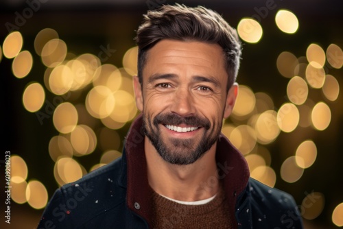 smiling handsome man in winter clothes over bokeh lights background