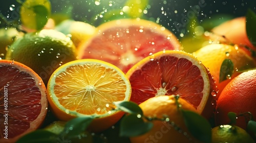 Fresh tasty citrus mix  oranges  lime  lemons and grapefruit slices  after rain  juice splashing around  rain drops  bright sunlight  bokeh natural background  banner  AI Generated