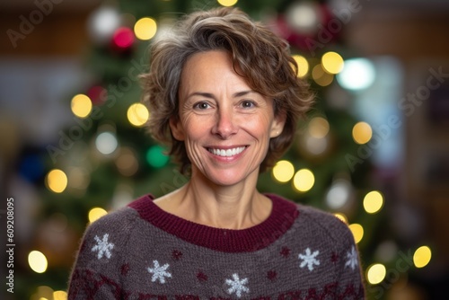 Portrait of smiling senior woman at home in front of christmas tree