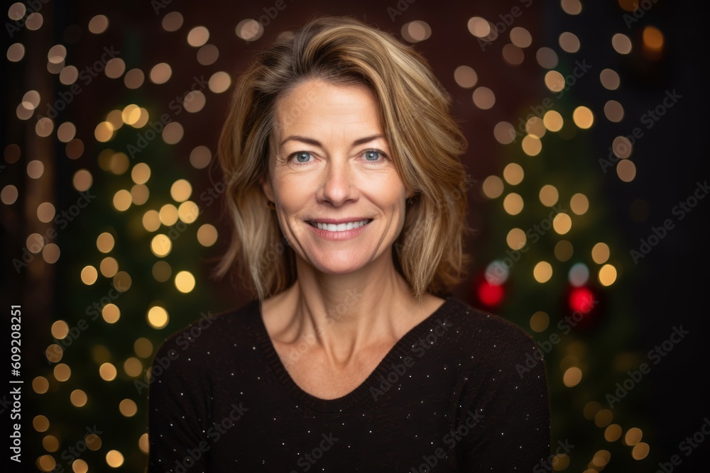 Portrait of smiling middle aged woman with Christmas tree in the background