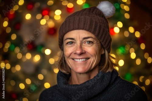 Wallpaper Mural Portrait of smiling senior woman in winter hat against christmas lights Torontodigital.ca