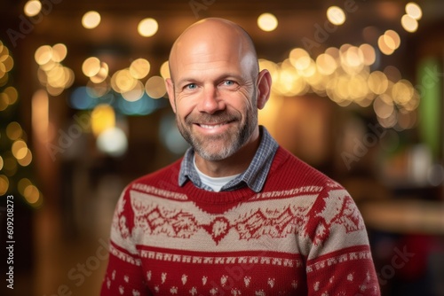 Portrait of a smiling senior man in a Christmas sweater in a pub © Robert MEYNER