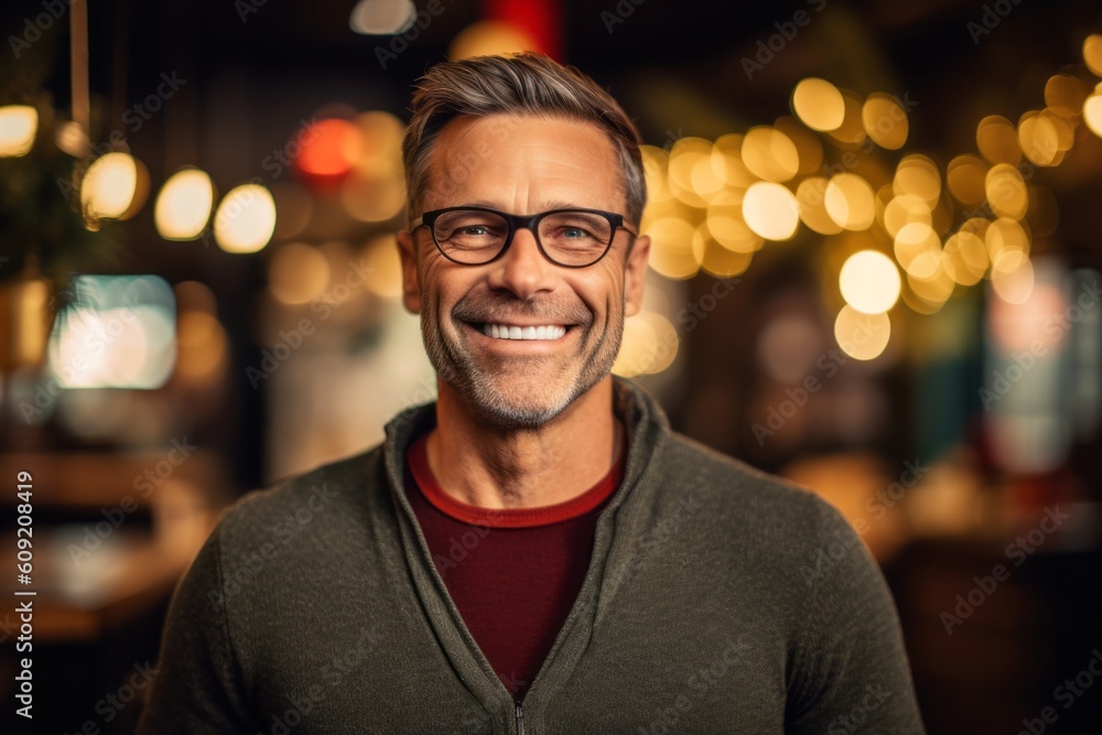 Portrait of handsome mature man in glasses looking at camera and smiling while standing in cafe Portrait of handsome mature man in glasses looking at camera and smiling while standing in cafe