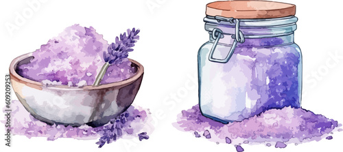Sea ​​salt with lavender clipart, isolated vector illustration.