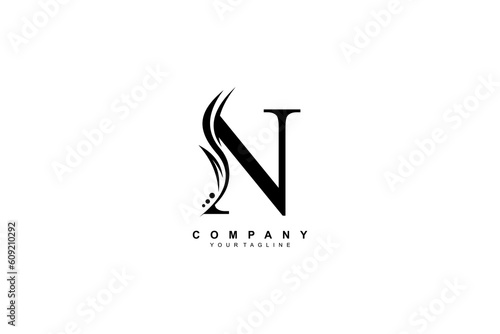 Luxury black N logo design with feather. premium N letter monogram logo. suitable for business logos, beauty logos, company logos, boutiques, spas, salons, etc
