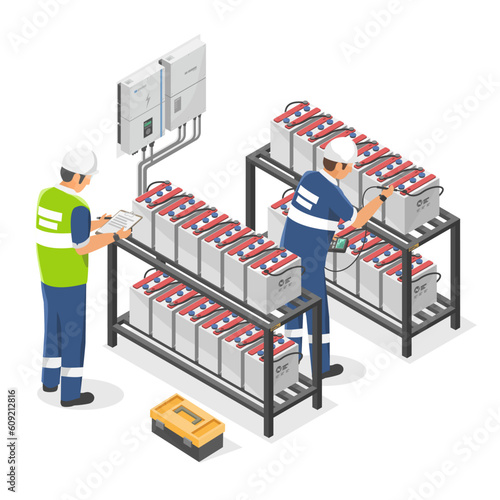 Technician installer working with Solar cell system battery set inspection safty set offgrid element isometric isolated vector