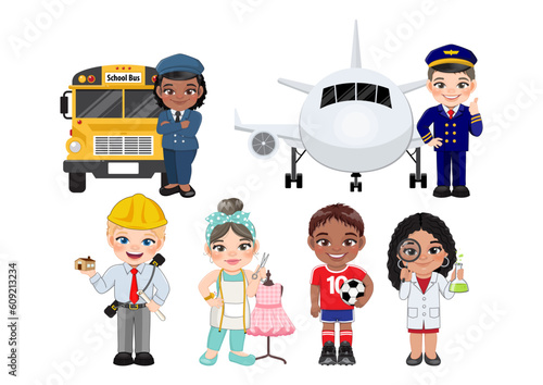 Kids Vector Characters Collection with Set of 6 Different Professions or Occupation in Flat icon Style