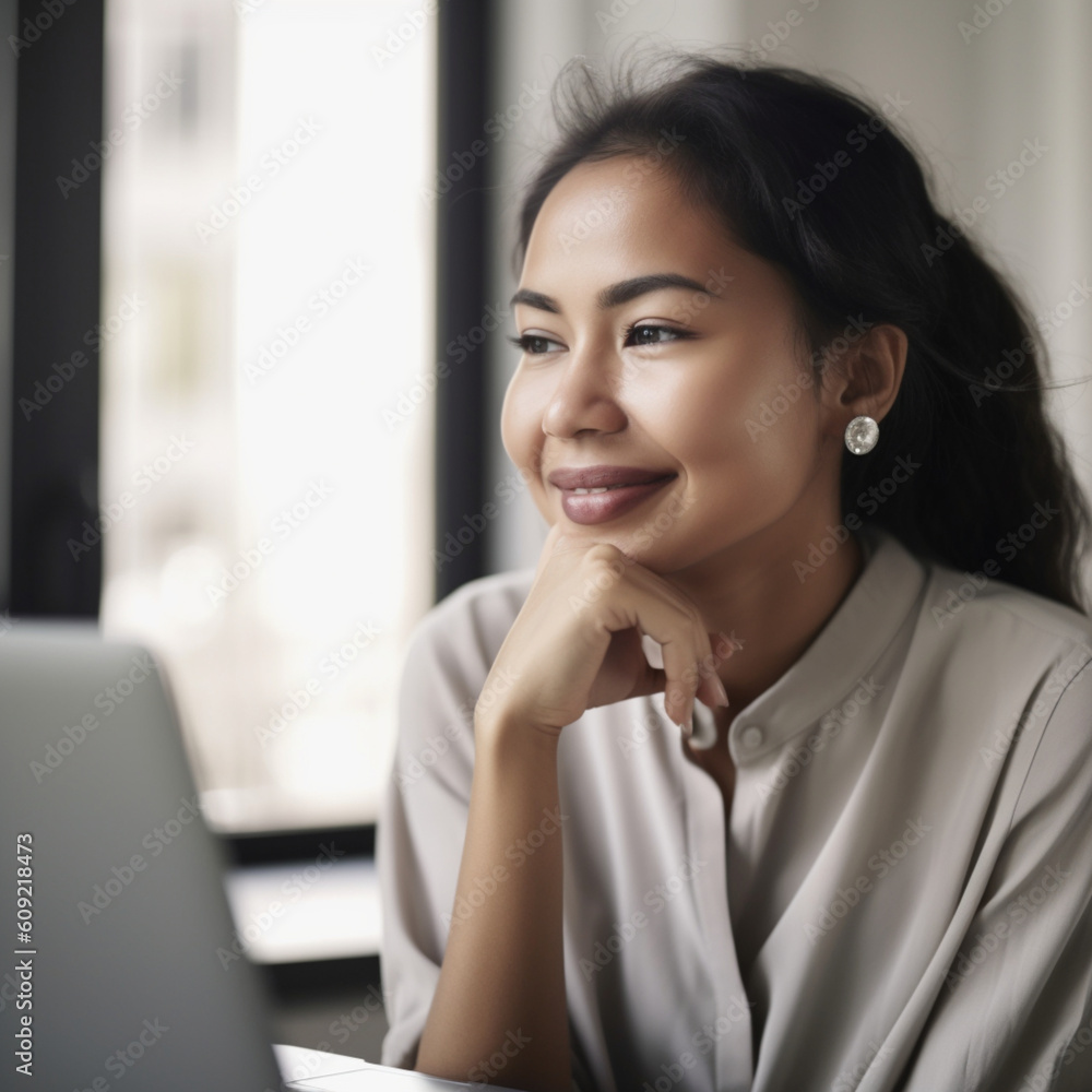 Racially Ambiguous Business Woman Sitting On A PC Racially Ambiguous Business Woman Sitting On A PC