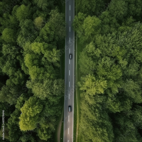 Top down view of road in a forest