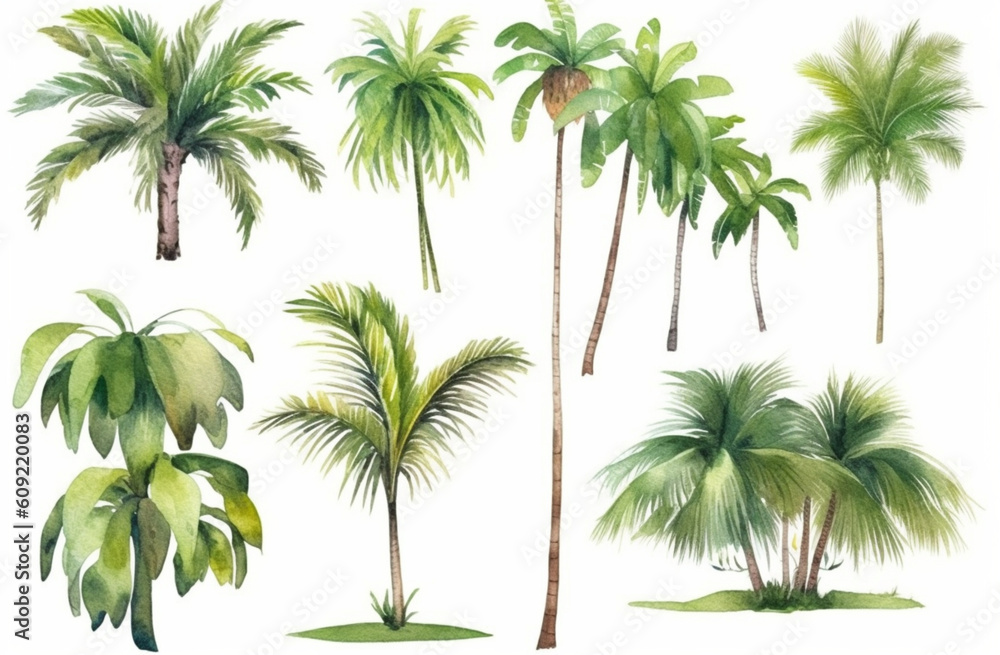 © Hex - Watercolor Tropical Palm Trees Illustration on White Background © Hex - Watercolor Tropical Palm Trees Illustration on White Background
