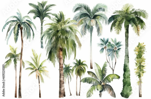 Watercolor Tropical Palm Trees Illustration on White Background