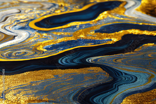 Blue and golden acrylic liquid ink swirl abstract background with ravishing turbulence wavy pattern and detailed texture. Luxury fluid liquid art by Generative AI.