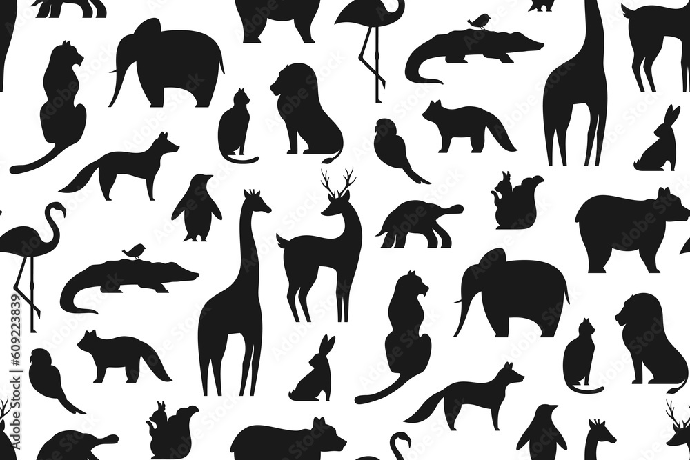 Animal silhouette seamless pattern. Shape parrot squirrel, frog, giraffe. Panda and bear penguin. Deer cat turtle fox lion tiger. Mammals characters for baby endless repeat wallpaper background