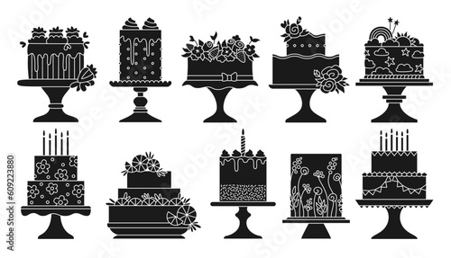 Birthday and wedding cakes celebration desserts set. Party delicious cupcake sweet bakery collection. Holiday decoration tasty cake, anniversary invitation card, pastries engraving silhouette design