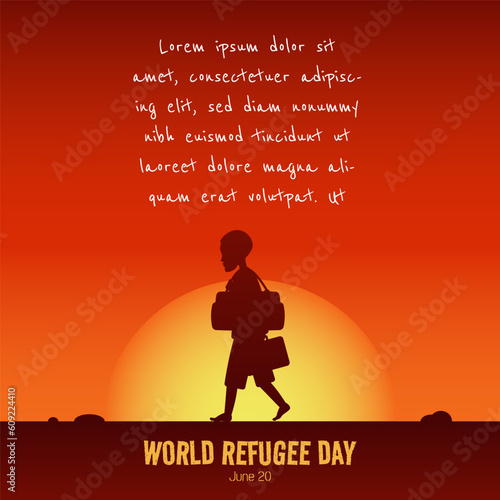 World Refugee Day template with man walking in desert at sunset