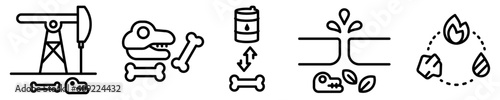 Conjunto de iconos de combustible fósil. Fuente de energía, restos de animales y plantas, electricidad, petróleo, gas natural. Ilustración vectorial