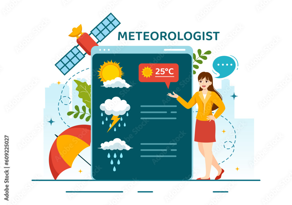 Meteorologist Vector Illustration with Weather Forecast and Atmospheric Precipitation Map in Flat Cartoon Hand Drawn Landing Page Templates - obrazy, fototapety, plakaty 