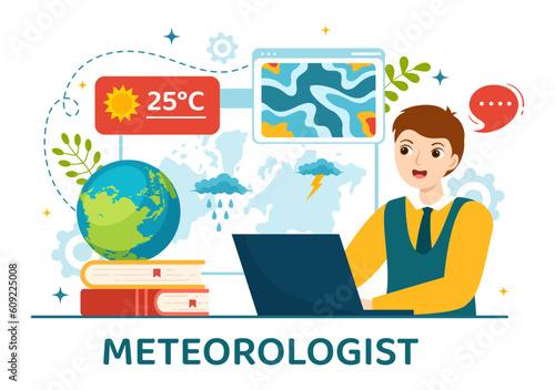 Meteorologist Vector Illustration with Weather Forecast and Atmospheric Precipitation Map in Flat Cartoon Hand Drawn Landing Page Templates