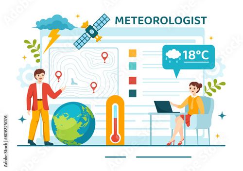 Meteorologist Vector Illustration with Weather Forecast and Atmospheric Precipitation Map in Flat Cartoon Hand Drawn Landing Page Templates