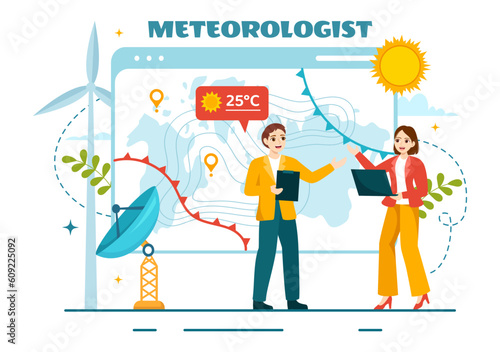 Meteorologist Vector Illustration with Weather Forecast and Atmospheric Precipitation Map in Flat Cartoon Hand Drawn Landing Page Templates