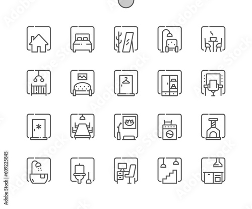 Room types. Bedroom, meditation room, work place, dressing room, kitchen, pets room. Home. Pixel Perfect Vector Thin Line Icons. Simple Minimal Pictogram