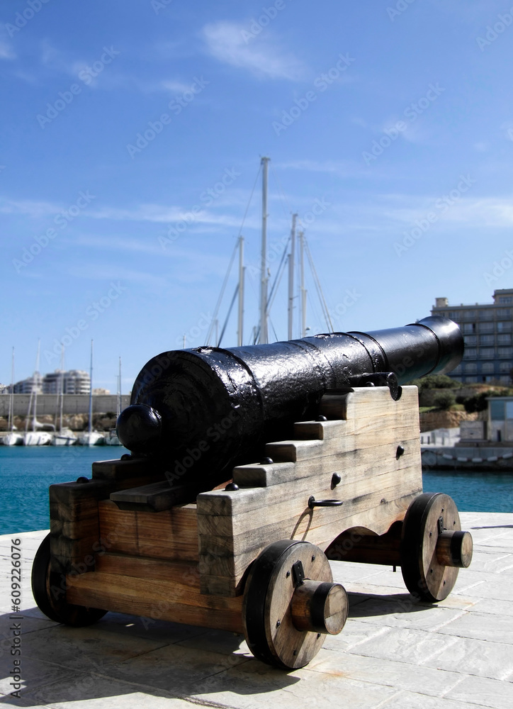 Medieval authentic cannon on the coast in Mediterranean, Malta