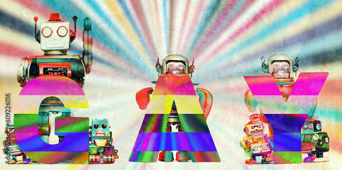 the word GAY with retro robot toys and rainbow background